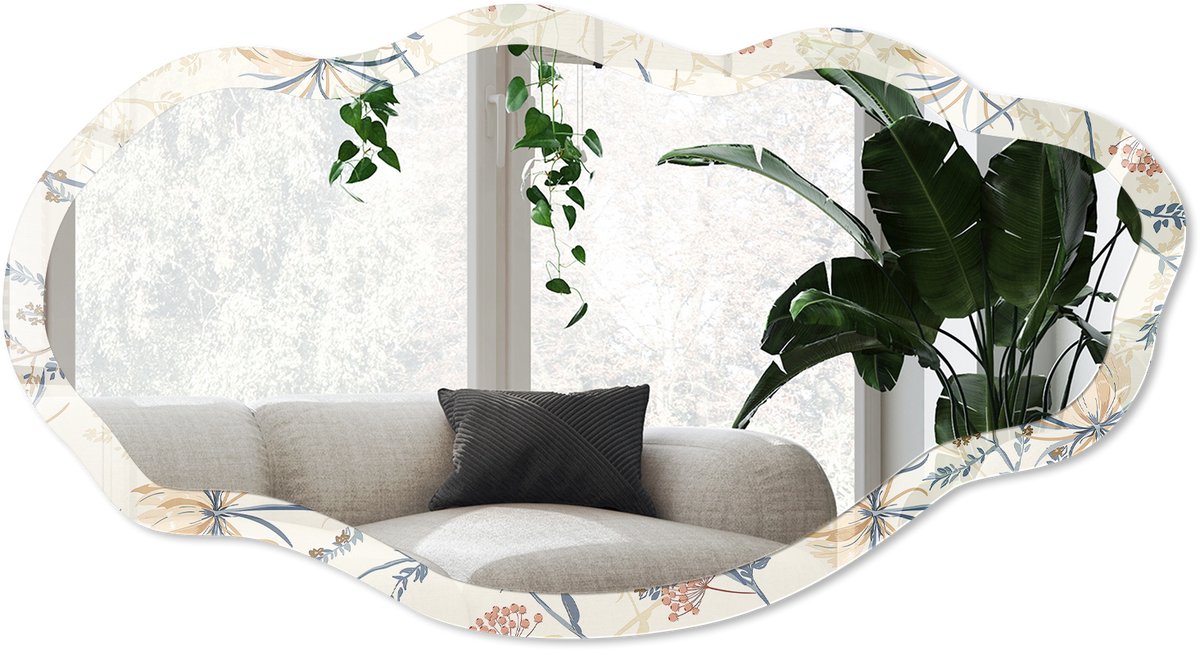 Wallfluent Beige Bloemen Spiegel - Romig Rechthoekige Spiegel Met Modern Design - Organische Spiegel - Slaapkamer, Woonkamer, Hal - Aquarel - 45x90 cm - Totale afmeting 52x97 cm