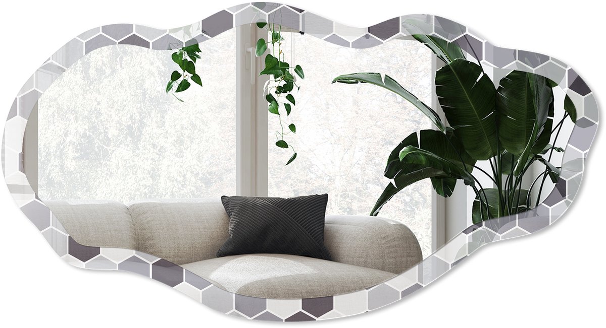 Wallfluent Geometrische Harmonie Spiegel - Grijs Stijlvolle Wandspiegel - Organische Spiegel - Woonkamer, Kantoor, Hal - Geometrisch - 45x90 cm - Totale afmeting 52x97 cm