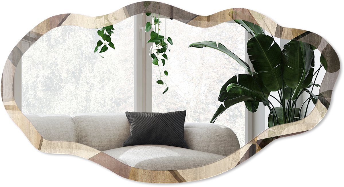 Wallfluent Houten Geometrie Spiegel - Bruin Elegante Rechthoekige Wandspiegel - Organische Spiegel - Woonkamer, Hal, Kantoor - Geometrisch - 45x90 cm - Totale afmeting 52x97 cm