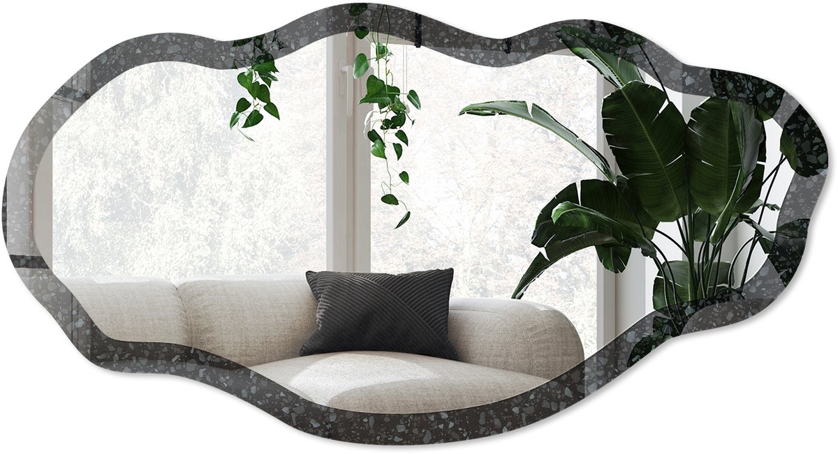 Wallfluent Zwart Terrazzo Spiegel - Zwart Stijlvolle Wandspiegel - Organische Spiegel - Badkamer, Kantoor, Keuken - Minimalistisch - 45x90 cm - Totale afmeting 52x97 cm