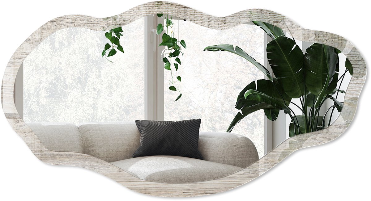 Wallfluent Houtstructuur Spiegel - Beige Rechthoekige Spiegel Met Modern Design - Organische Spiegel - Woonkamer - Rustiek - 45x90 cm - Totale afmeting 52x97 cm