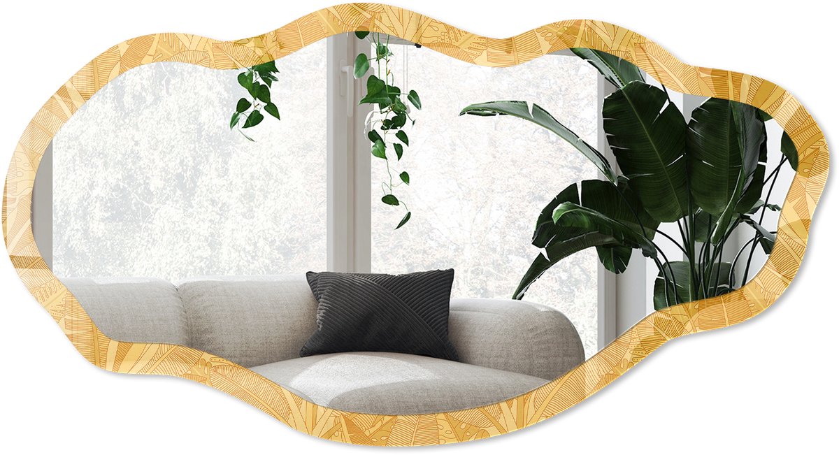 Wallfluent Tropische Bladeren Spiegel - Geel Rechthoekige Spiegel Voor Interieur - Organische Spiegel - Woonkamer - Illustratief - 45x90 cm - Totale afmeting 52x97 cm