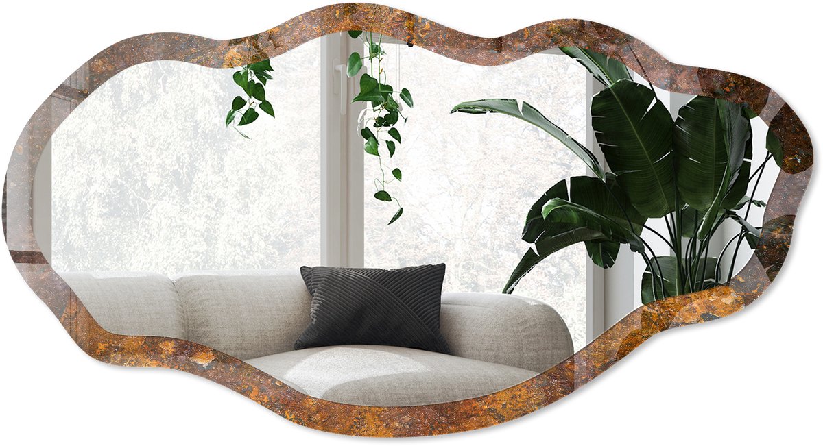 Wallfluent Roestige Textuur Spiegel - Oranje Stijlvolle Wandspiegel - Organische Spiegel - Woonkamer, Kantoor - Industrieel / Loft - 45x90 cm - Totale afmeting 52x97 cm