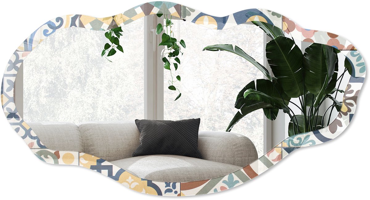 Wallfluent Mozaïekpatronen Spiegel - Blauw Moderne Rechthoekige Wandspiegel - Organische Spiegel - Keuken - Geometrisch - 45x90 cm - Totale afmeting 52x97 cm