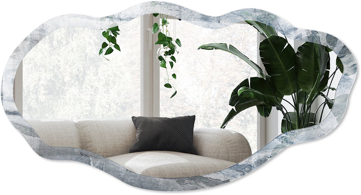 Wallfluent Marmerpatroon Spiegel - Grijs Rechthoekige Spiegel Met Modern Design - Organische Spiegel - Badkamer, Woonkamer, Kantoor - Modern - 45x90 cm - Totale afmeting 52x97 cm