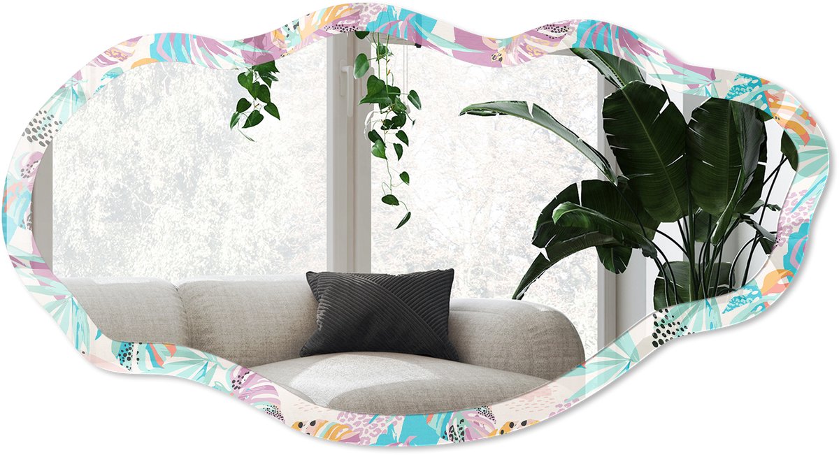 Wallfluent Tropisch Patroon Spiegel - Turkoois Stijlvolle Wandspiegel - Organische Spiegel - Slaapkamer, Kantoor, Woonkamer - Modern - 45x90 cm - Totale afmeting 52x97 cm