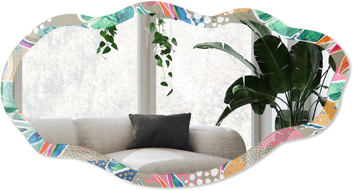 Wallfluent Tropische Bladeren Spiegel - Groen Rechthoekige Spiegel Voor Interieur - Organische Spiegel - Woonkamer - Illustratief - 45x90 cm - Totale afmeting 52x97 cm