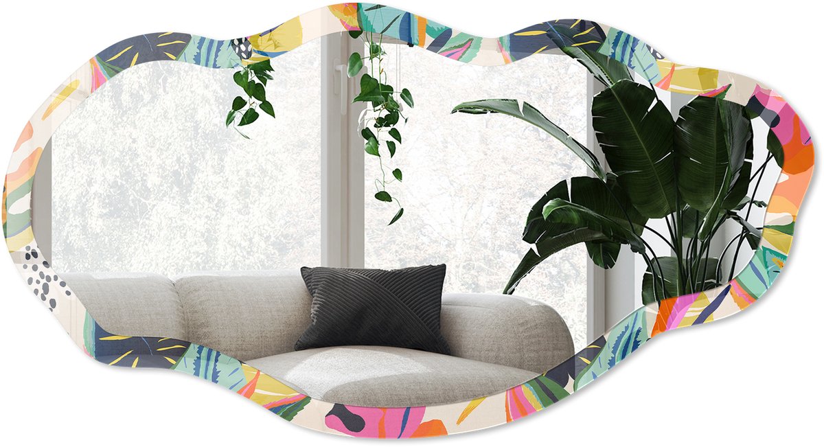 Wallfluent Kleurrijke Jungle Spiegel - Groen Stijlvolle Wandspiegel - Organische Spiegel - Woonkamer, Kantoor, Slaapkamer - Illustratief - 45x90 cm - Totale afmeting 52x97 cm