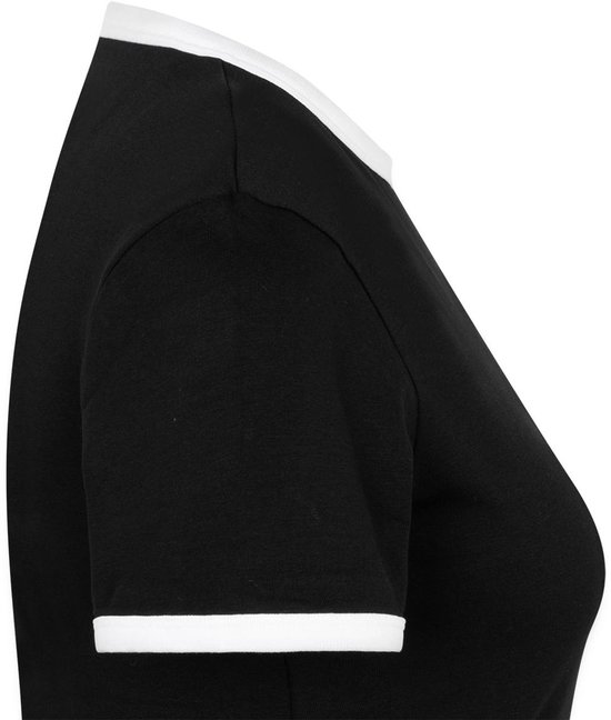 Zwarte dames top met witte boorden aan kraag en mouwen.