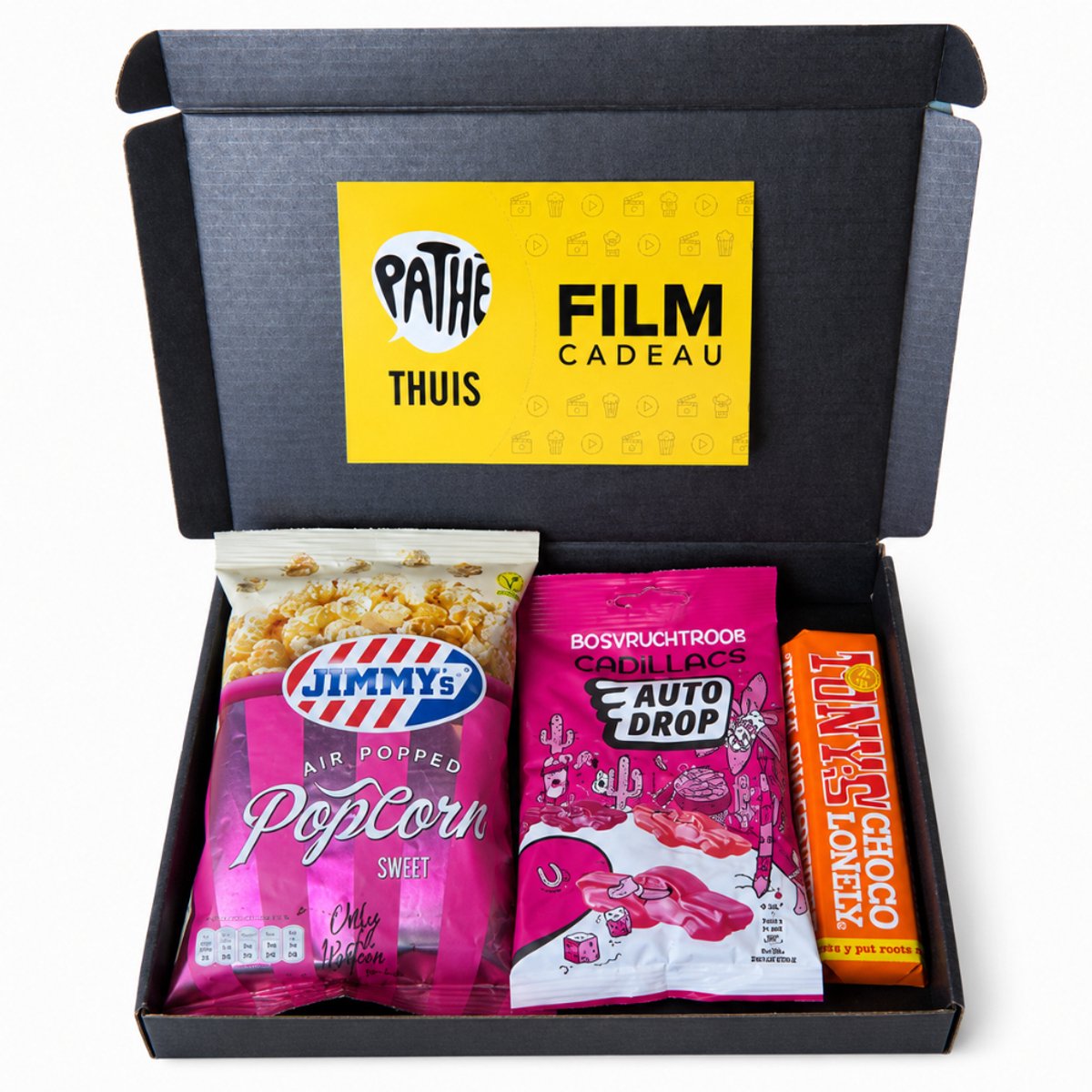 Filmpakket Small Brievenbus Cadeau – Pathé Thuis Film Cadeaukaart €5,99 – Zoete Popcorn, Autodrop & Tony’s Chocolonely – Filmavond Cadeau – Past door de Brievenbus