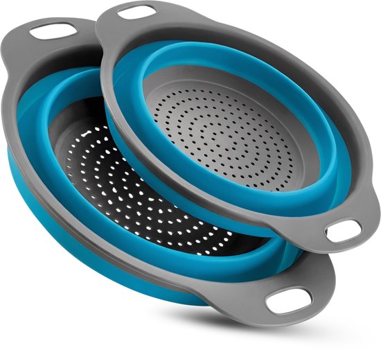 HI NATURE™ Vergiet Opvouwbaar set van 2 stuks - Inklapbaar Siliconen Vergiet - 1 Groot en 1 Klein - 100% BPA Vrij | Vaatwasbestendig - Hittebestendig | Makkelijk Opbergen - Blauw