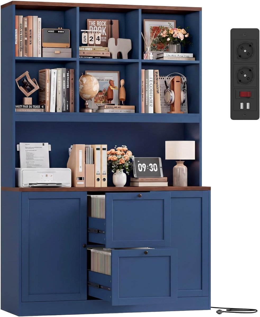 Home & Beyond® Boekenkast met Deuren en Lades - Opbergkast met Stekkerdoos - Blauw - 116x40x182 cm
