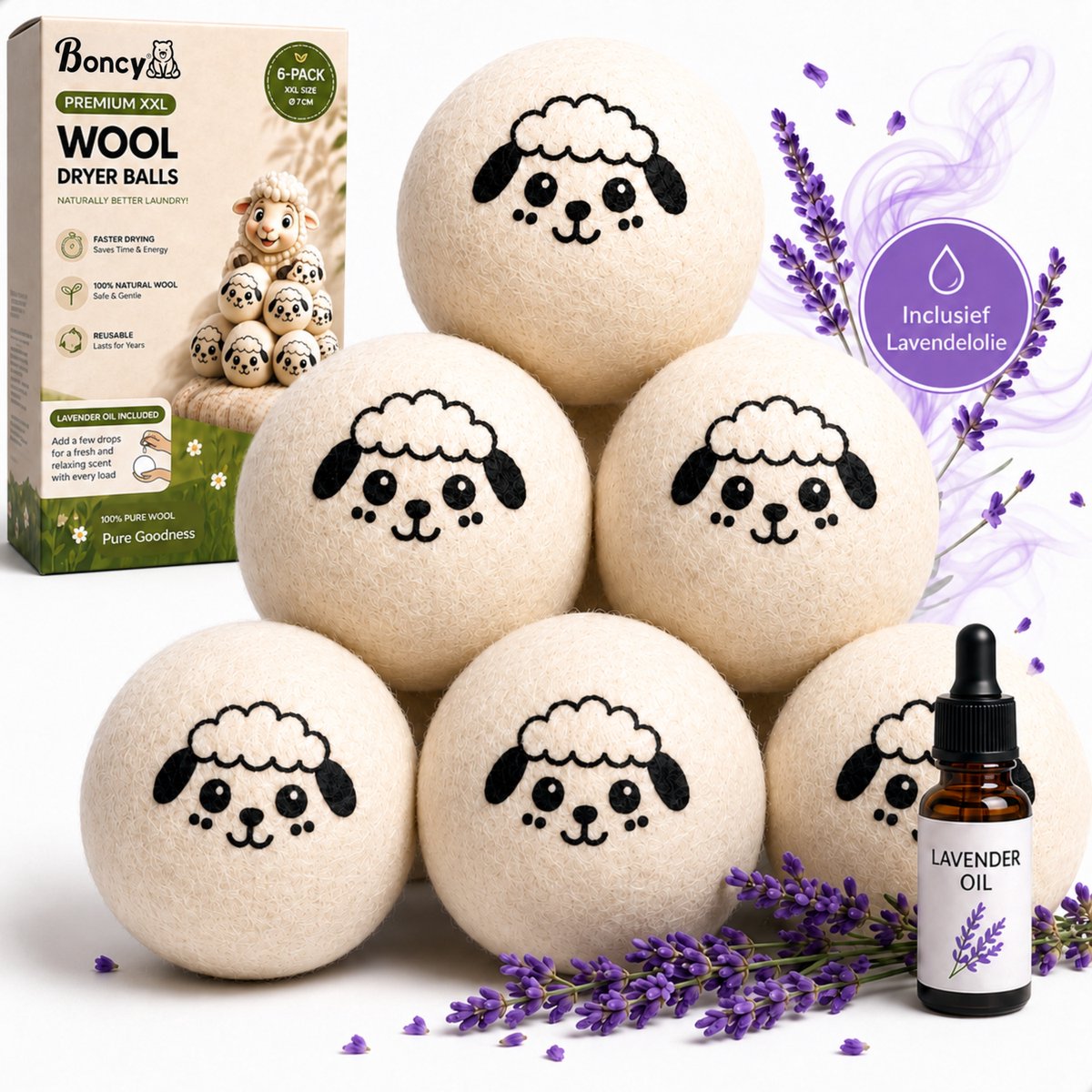Boncy® Drogerballen - 6 Stuks XXL Droogballen voor Wasdrogers - 100% Schapenwol Wasdrogerballen Inclusief Lavendel Olie - Energiebesparend & Duurzaam Cadeau - Wasballen voor Wasdroger Droogtrommel - Dryer Balls Wol Droger Ballen - Wasbol Wasbollen