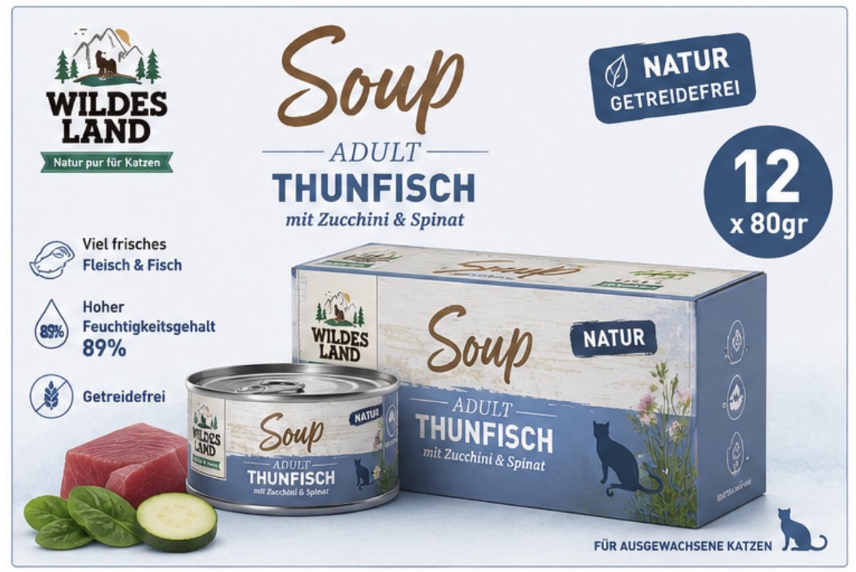 Wildes Land Wildes Land Soup Tonijn met Courgette & Spinazie kattenvoer - 12 x 80 g