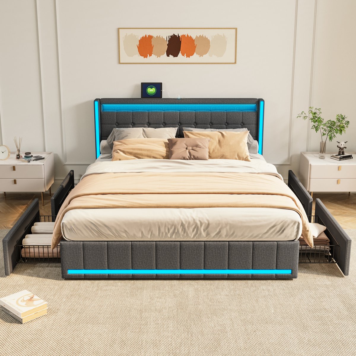 Volwassen bed 140x190 cm, tweepersoonsbed met LED-verlichting, 4 opberglades en gecapitonneerd hoofdbord, lattenbodem, linnen, donkergrijs, zonder matras
