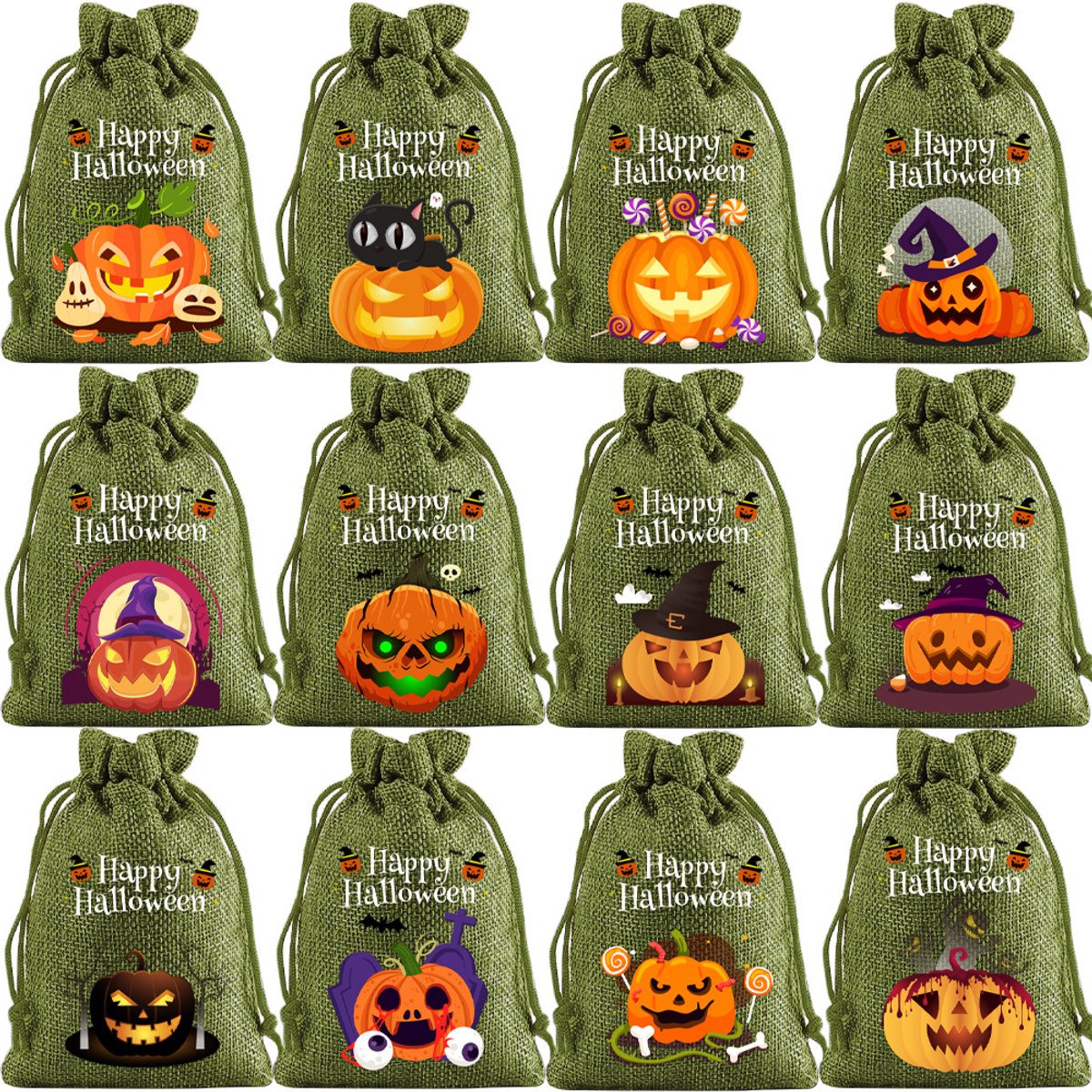 12 Cadeauzakjes met trekkoord – Voor Halloween-traktaties en decoratie – "Trick-or-Treat"-snoepzakjes – Cadeauzakjes – Zakjes met sluitkoord – Snoepzakjes met trekkoord - Groen
