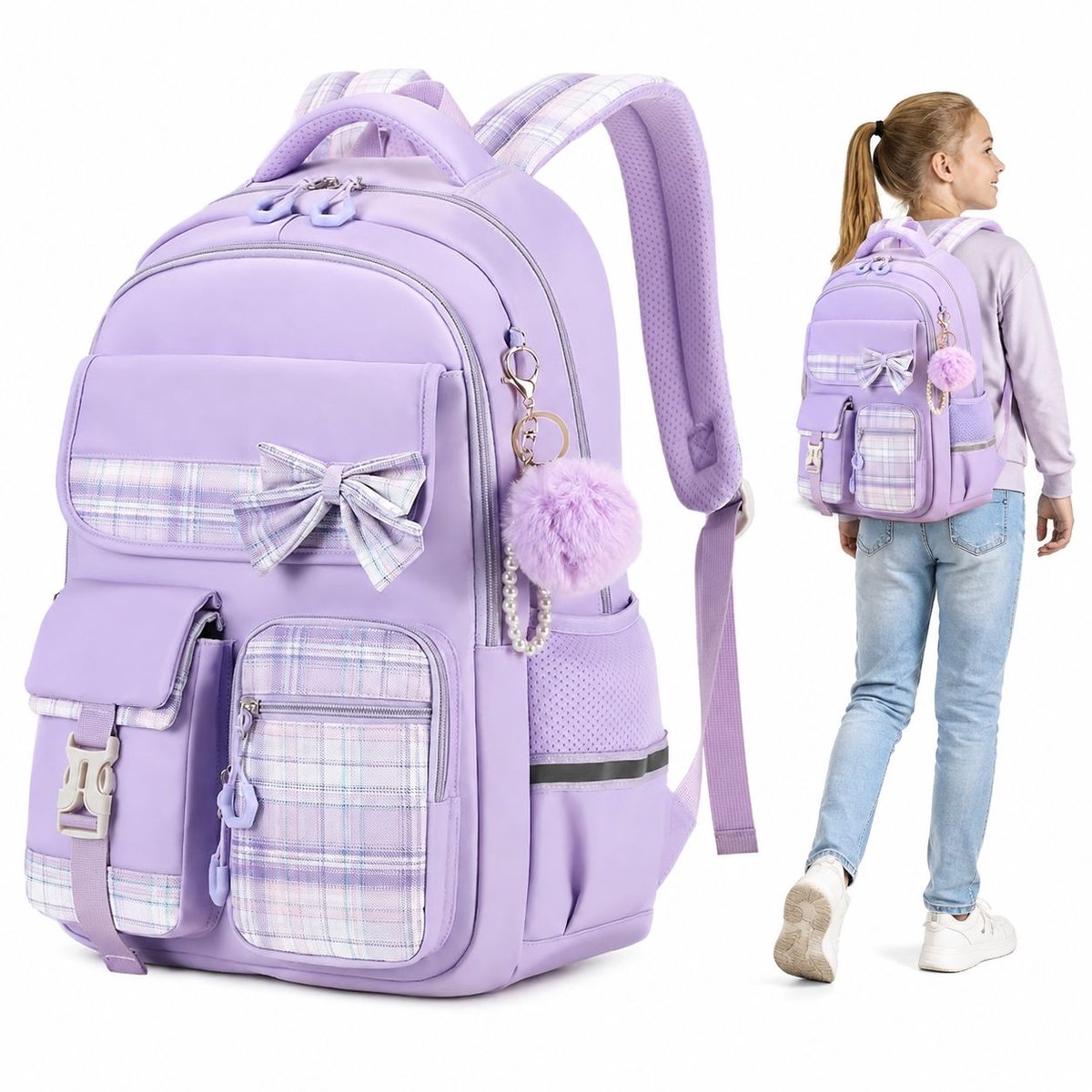 Bobypet - Schoolrugzak - ruime rugtas met trolleyband - 15,6 inch laptopvak - 30 x 18 x 45 cm - paars