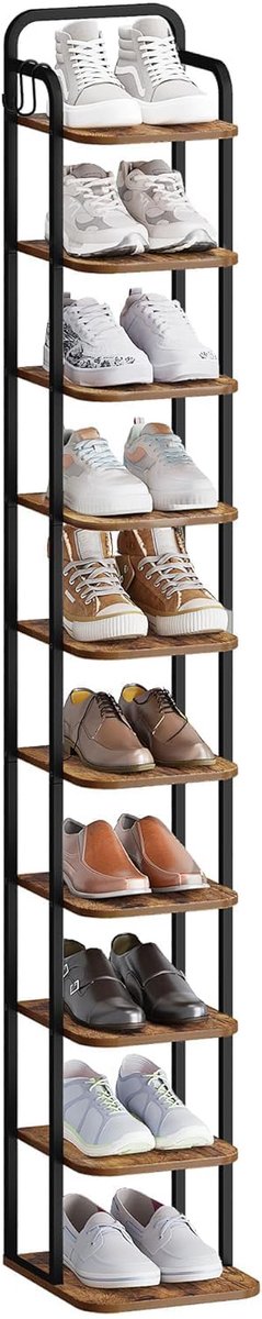 Verticaal Schoenrek - Schoenenkast Toren - Schoenen Opbergen - Met Haken - 171 cm Hoog - Rustiek Bruin Zwart