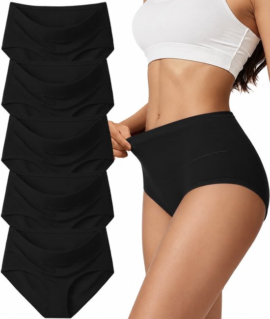 Zes zwarte slips met hoge taille van katoen, getoond aan een model die de stof uitrekt.