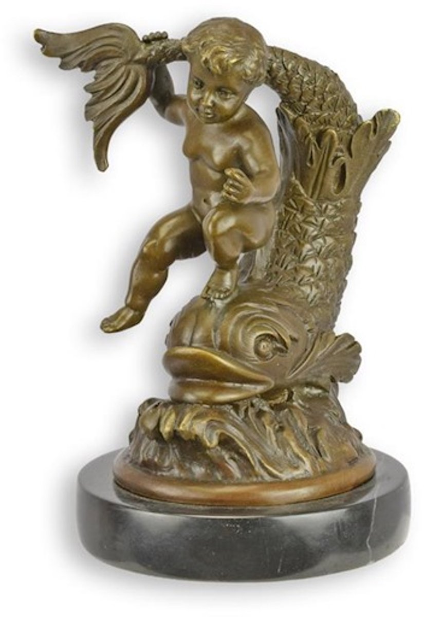 Bronzen beeld - Putto on a Fish - sculptuur - 15,9 cm hoog