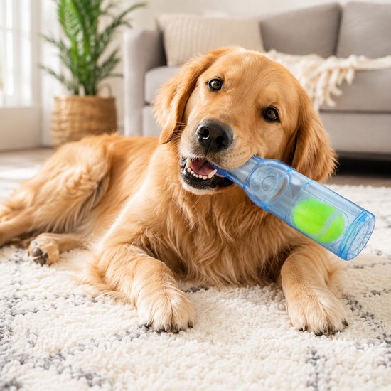 Golden retriever met een blauwe fles en bal in zijn bek, liggend op een vloerkleed.