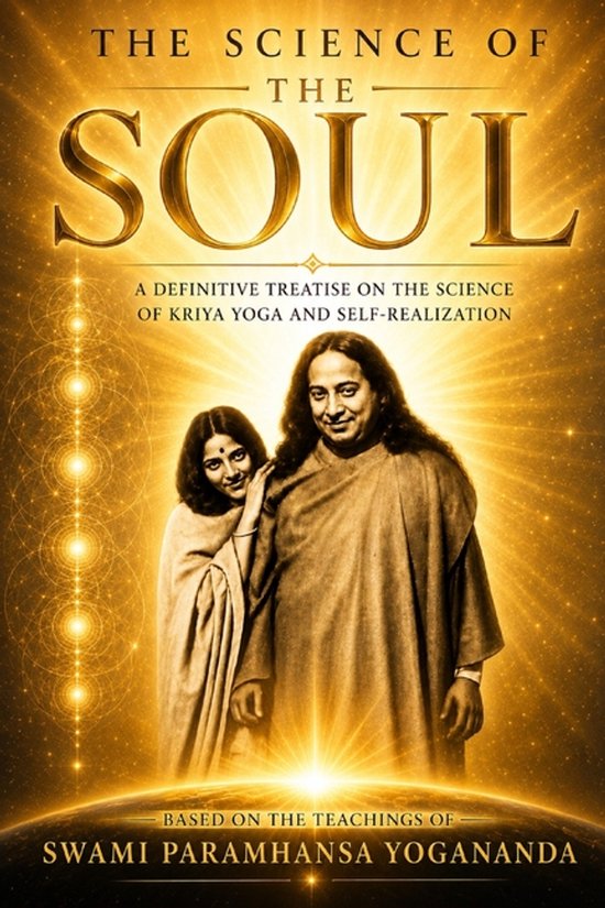 Boek kaft: 'The Science of the Soul'. Mannen en vrouwen in traditionele kleding tegen een gouden achtergrond. Tekst: 'The Science of the Soul'.