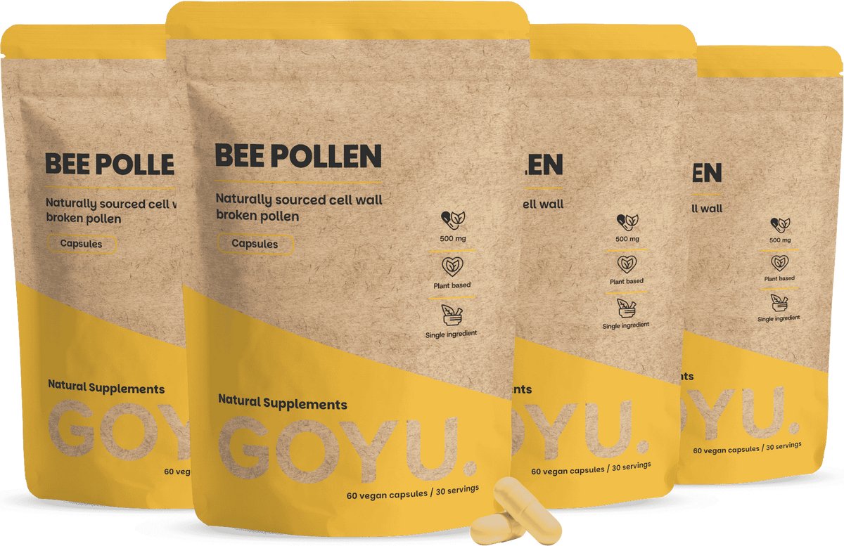 GOYU Bijenpollen extract 1000 mg per dagdosering Combideal 4x 60 Capsules - Stuifmeelkorrels - bee pollen - bijen pollen - Vegan - Zonder toevoegingen - Celwand gebroken - Lab getest - 20 dagen voorraad per zakje