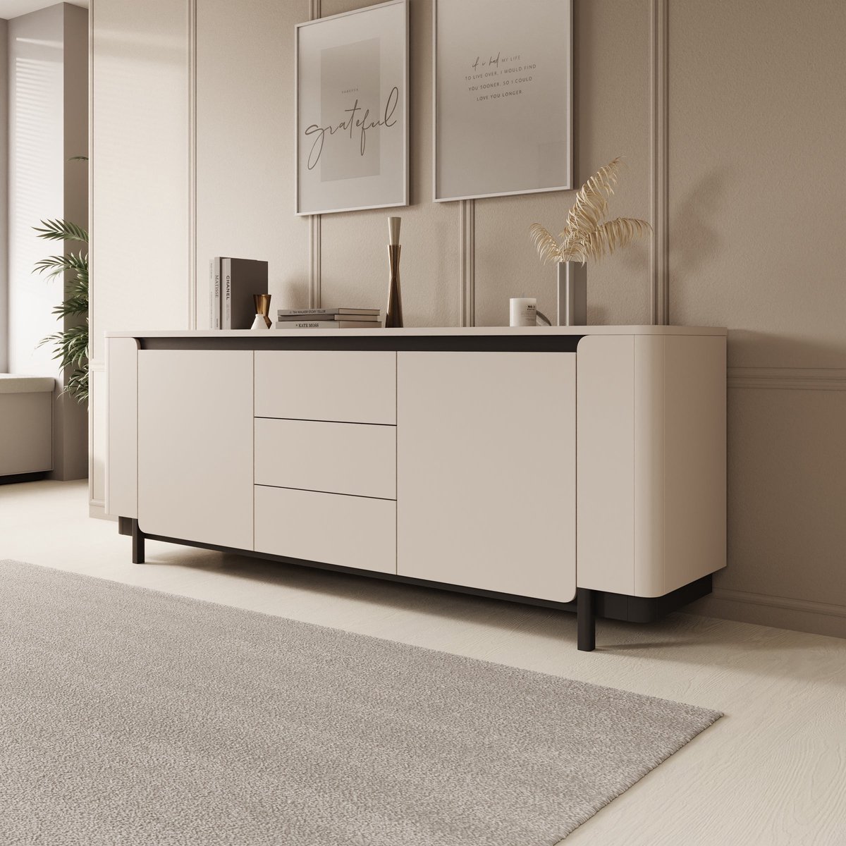MEUBELLA Vexon - Dressoir met lades - Beige/Zwart - 205x45x78 cm