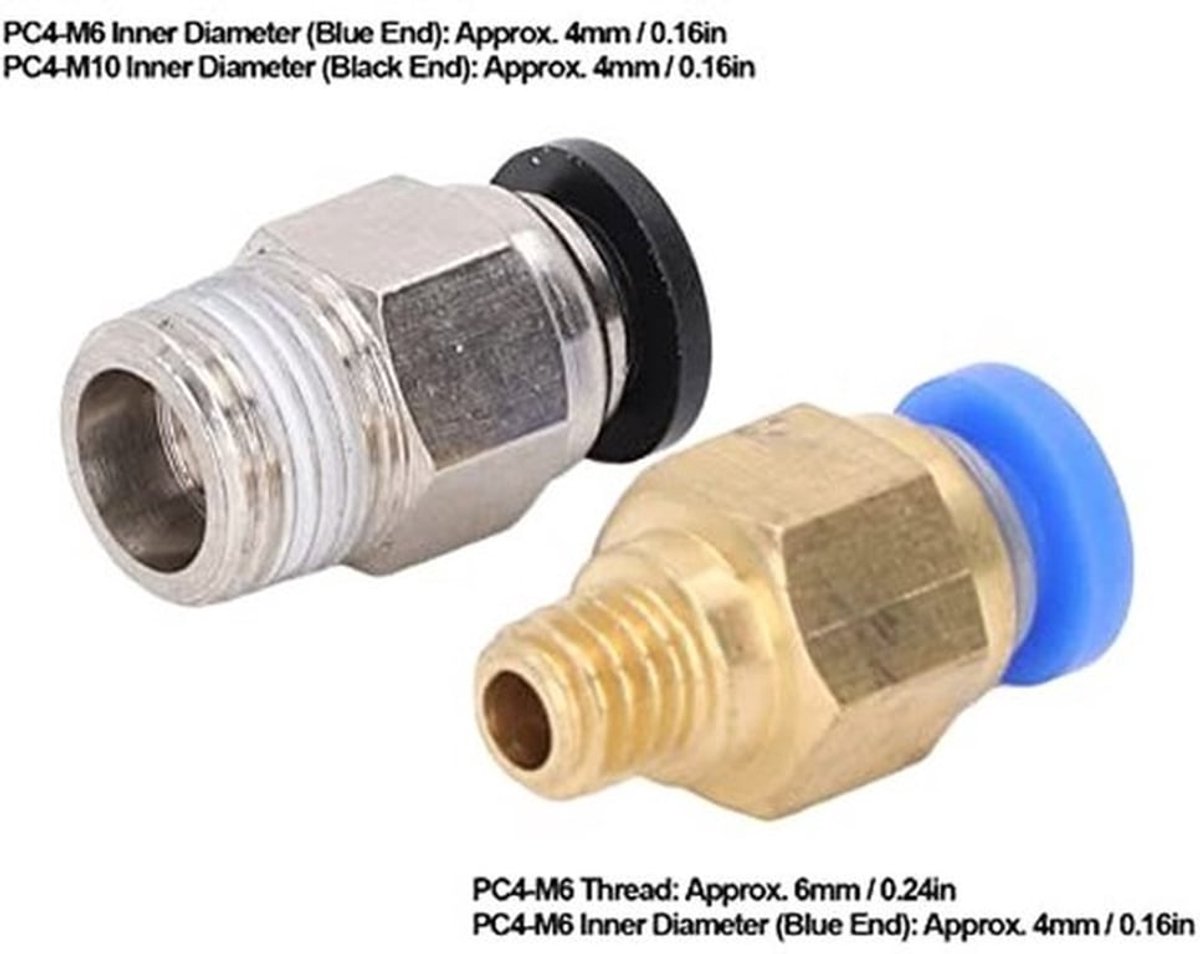 Pneumatische Fitting Set 20 Stks - PC4-M6/M10 - Messing/Roestvrij Staal - Push To Connect - 3D Printer Accessoire - Compatibel met Creality Ender 3