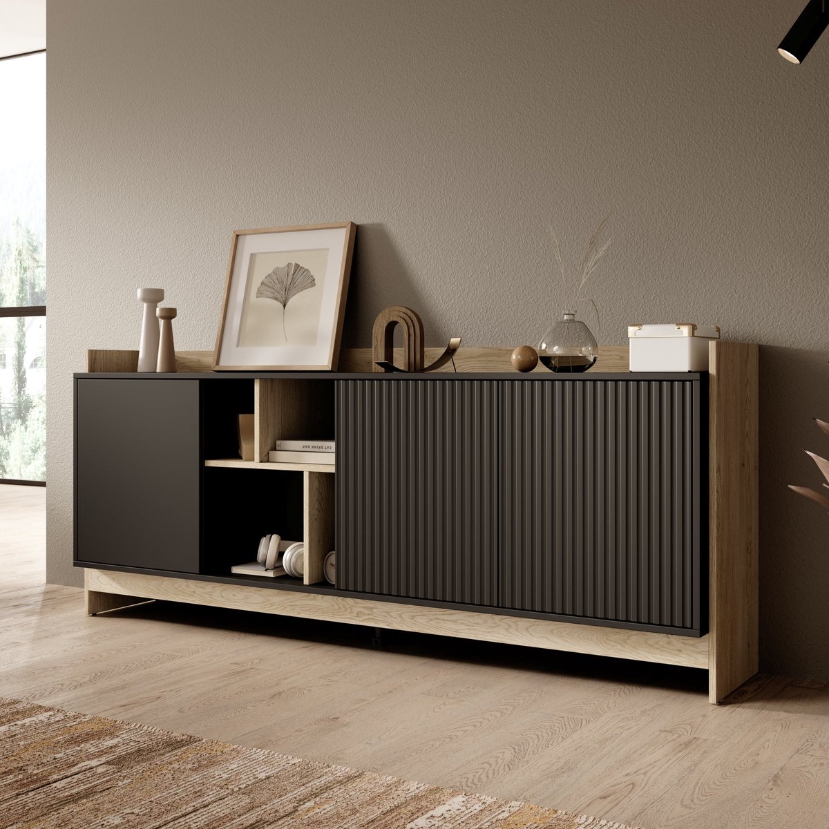 Meubella - Dressoir Benz - Zwart - 190 cm