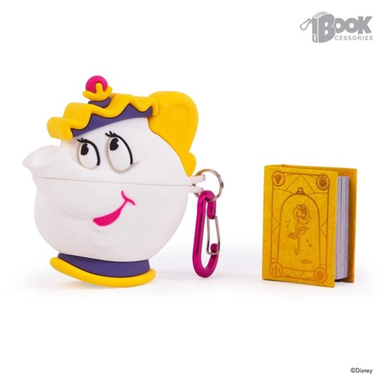 Een witte theepot-vormige case voor AirPods, geïnspireerd op Mrs. Potts uit Beauty and the Beast, met gele accenten en een karabijnhaak.