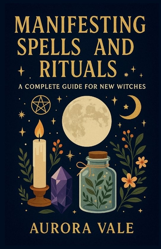 Boek 'Manifesting Spells and Rituals' met een kaars, kristal, en pot met kruiden onder een maan.