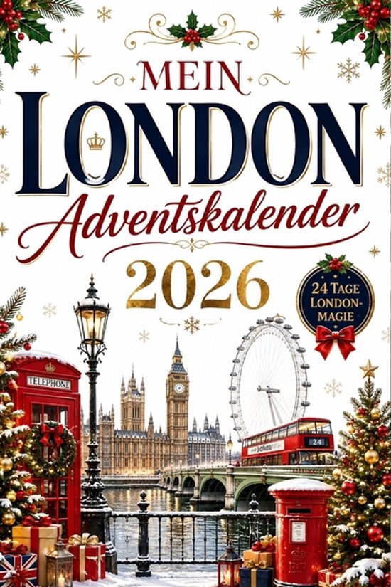 London kerstadventskalender 2026 met Big Ben, rode telefooncel, dubbeldekkerbus en kerstversiering.