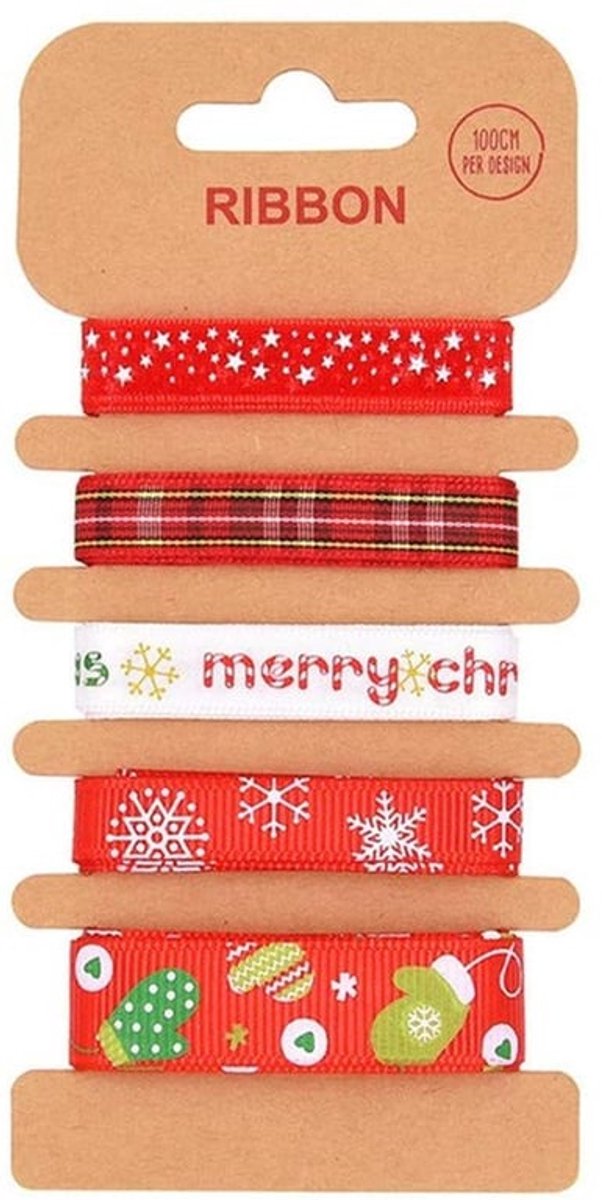 Kerstdecoratie Linten - 5 Rollen met Verschillende Patronen - Stevig Weefsel - Geschenkpakketten - Feestversieringen - 1 m per Rol - Kerstlint