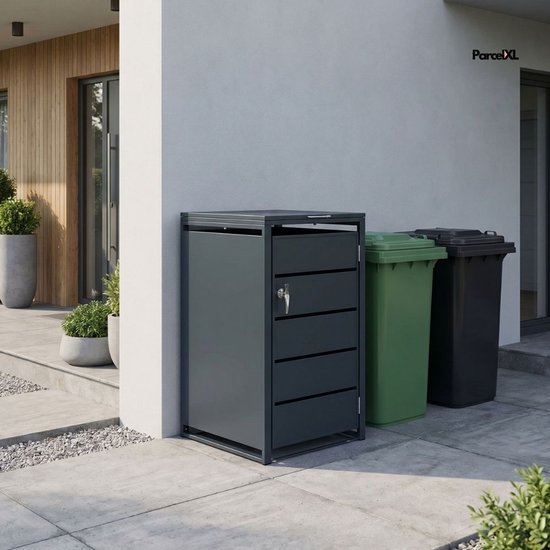 Antracietkleurige containerombouw naast een groene en zwarte afvalcontainer.