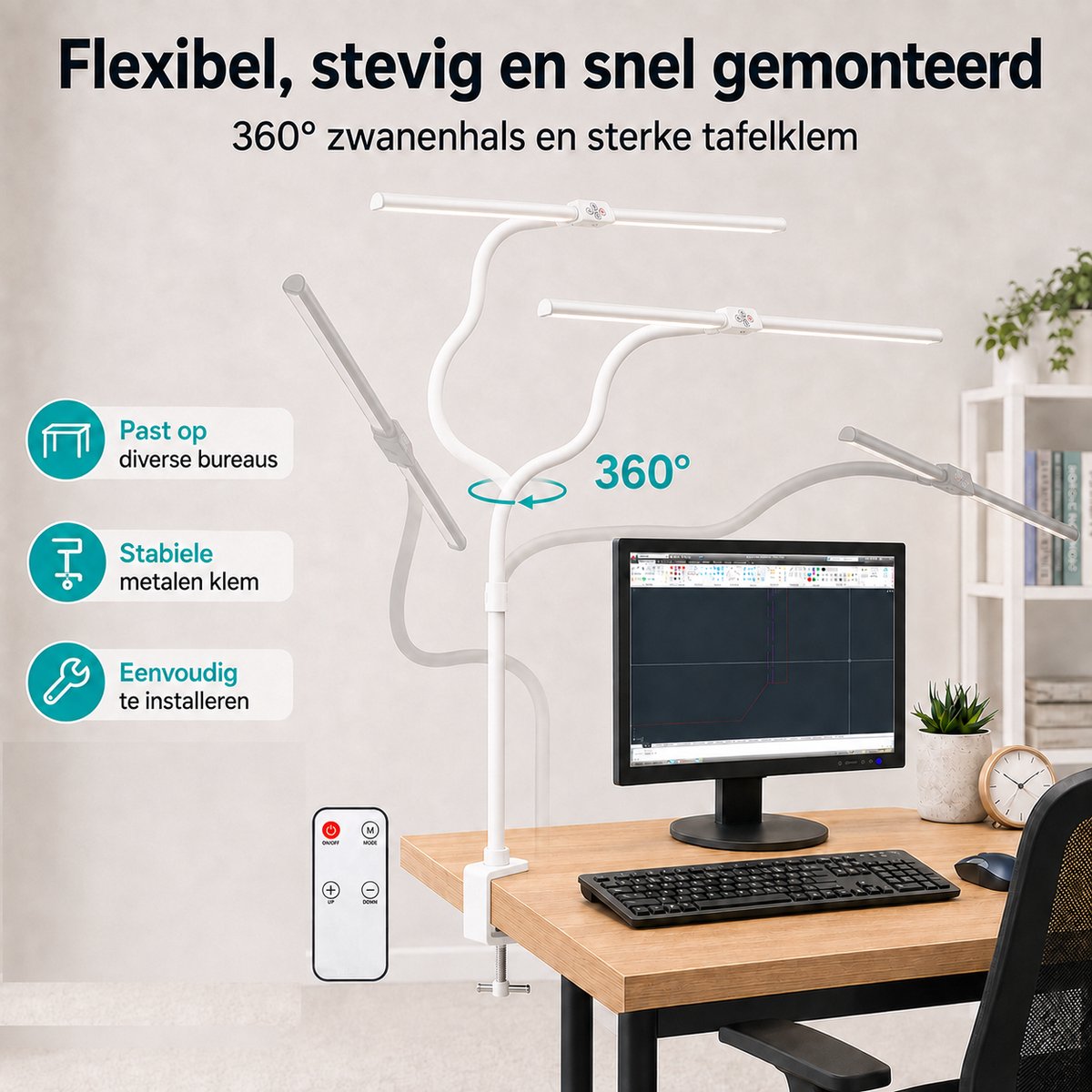 Lapamax Bureaulamp LED Dimbaar met Klem Ø80 cm-Werklamp met Dubbele Lichtkop 180° Verstelbaar thumbnail 4