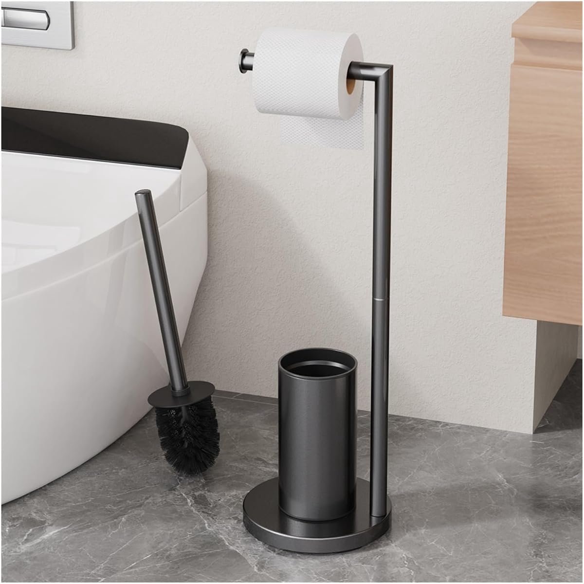 Vrijstaande Toiletpapierhouder Met Toiletborstel - Ronde Stabiele Voet Compact Ontwerp Koolstofstaal Ruimtebesparend - Voor De Badkamer - Zwart