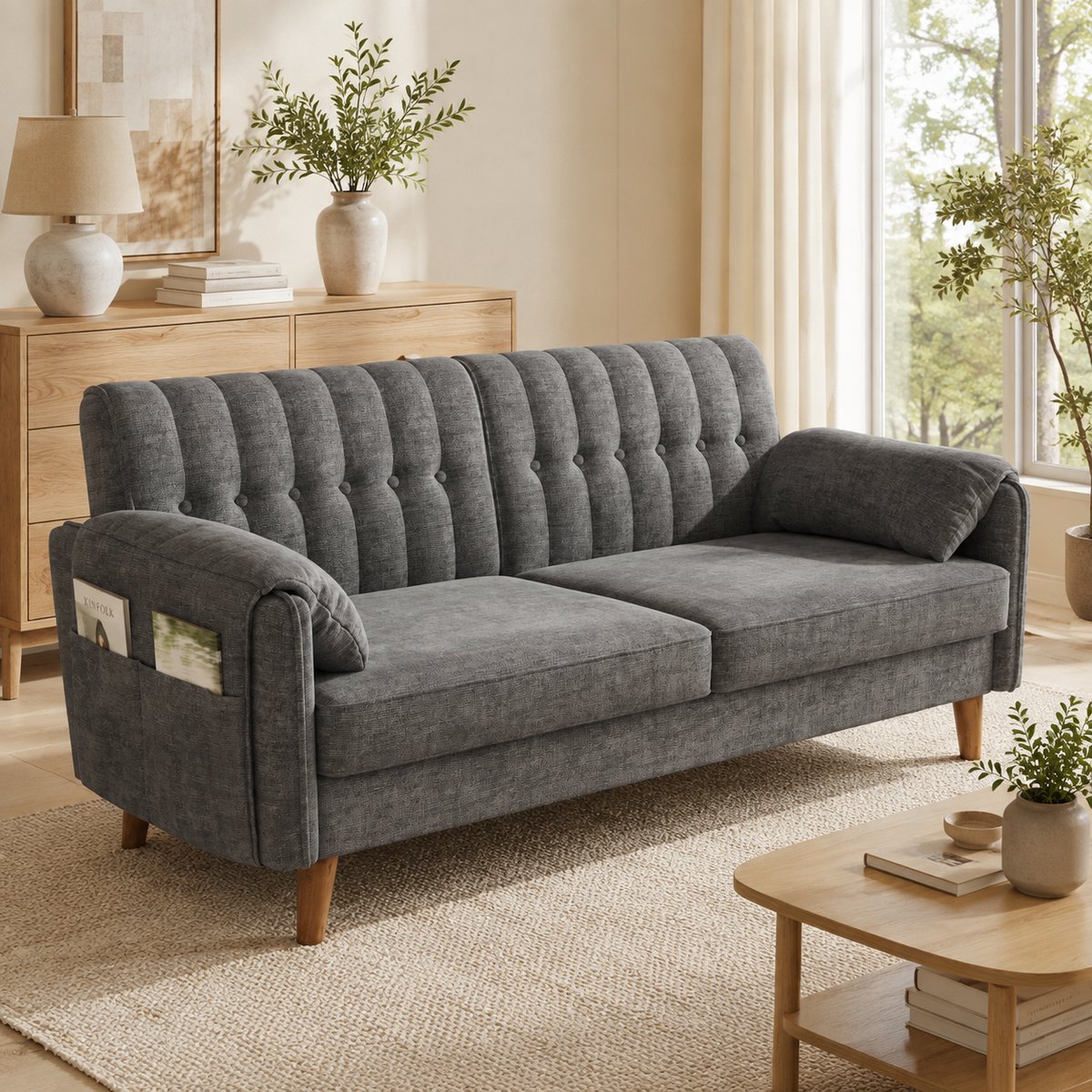 Welltin Bank - Tweezitsbank - 2-zits bank - Comfortabele zitbank - Ergonomisch - 161x79x83 cm - Met opbergtas - Met dik zitkussen - Met armleuningen - Chenillestof - Bankpoten van massief hout - Geschikt voor slaapkamers en kleine ruimtes - Lichtgrijs