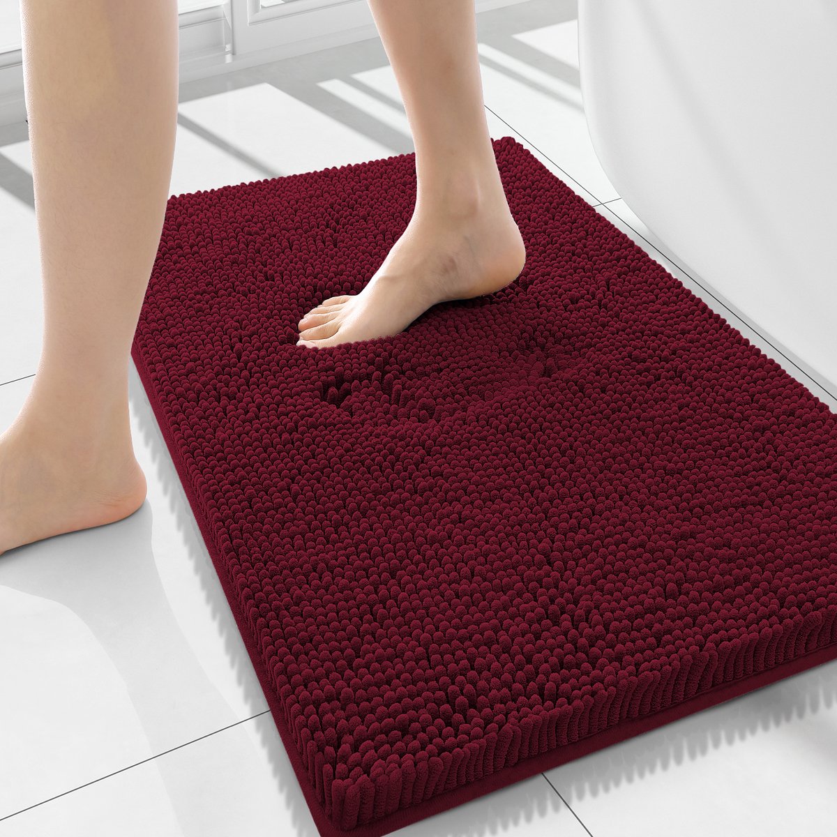 Olanly Badmat Antislip – Chenille Douchemat – Badmat Badkamer – Bordeauxrood – 51X120cm