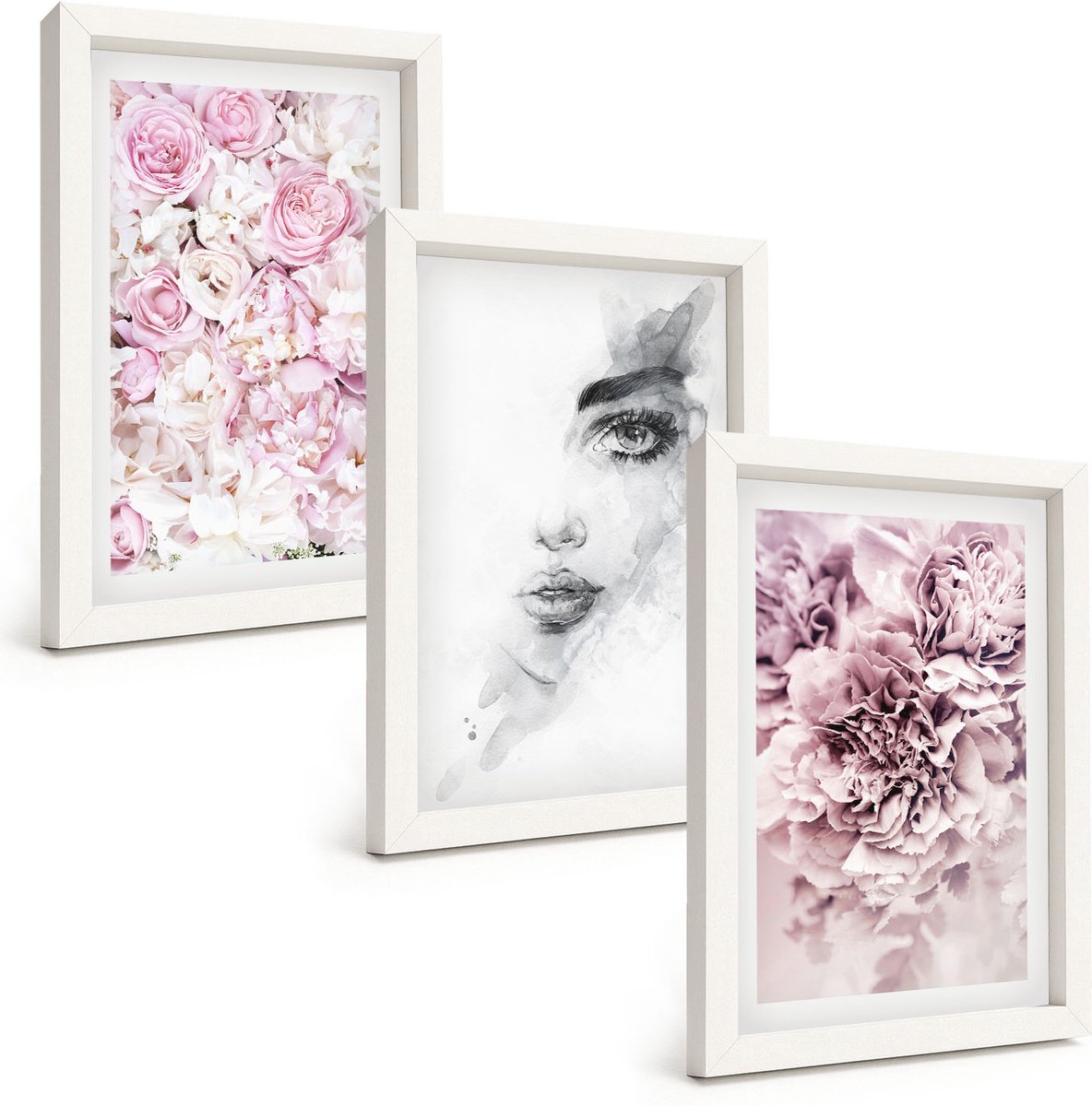 Wallfluent 3-Delige Schilderij Set - Delicate Peonies Zwart-Wit Portret Van Een Vrouw - 20 x 30 - Muurdecoratie - Interieur Decoratie - Wanddecoratie