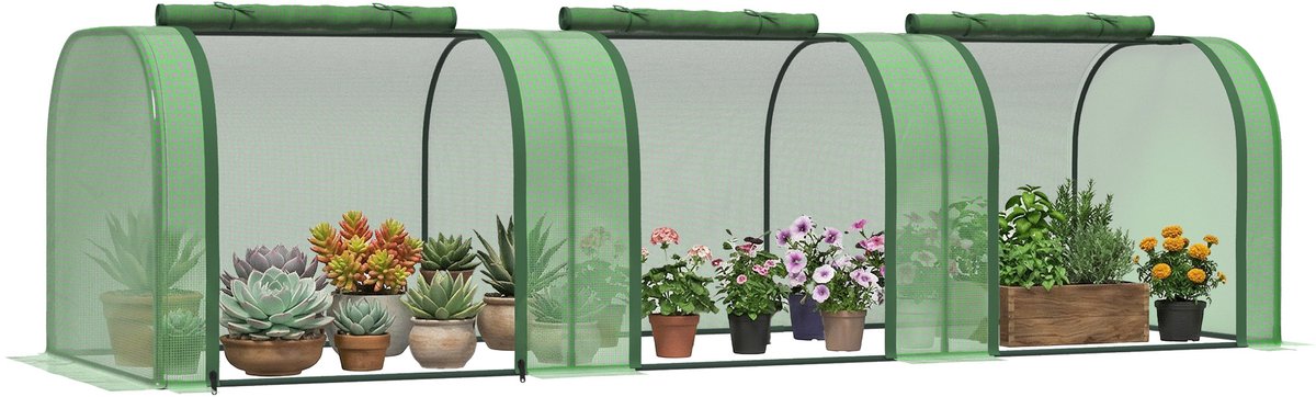 Mini Kas - tomatenkas - 3 L x 1 B x 0,8 H m – Stalen frame - 140 g/m² - uv-bestendig PE met hoge dichtheid - 3 ramen - groen