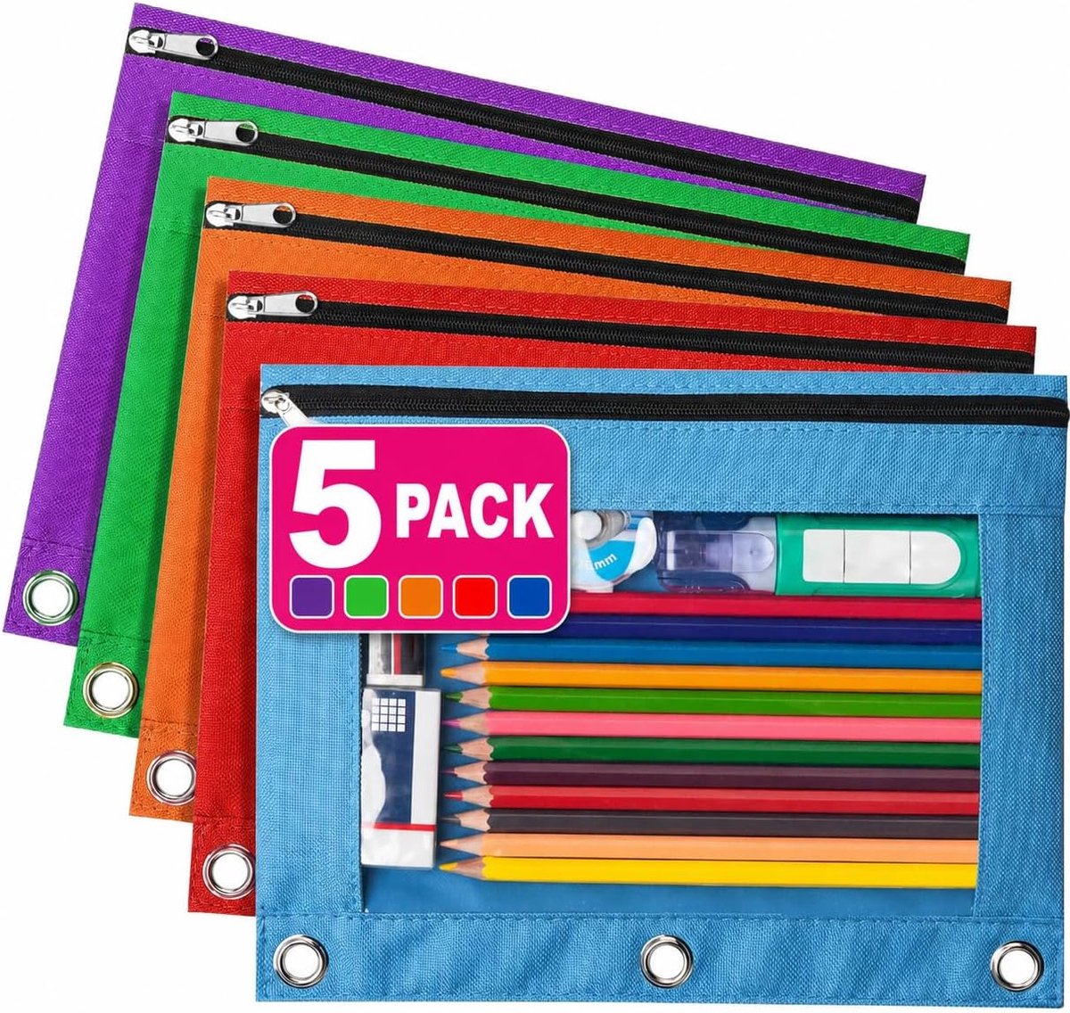 kelav 5 Stuks Etui voor 3-Ringsmap - Waterbestendige Pennenzak met PVC Venster - 24,4 x 18 cm - Voor School en Kantoor