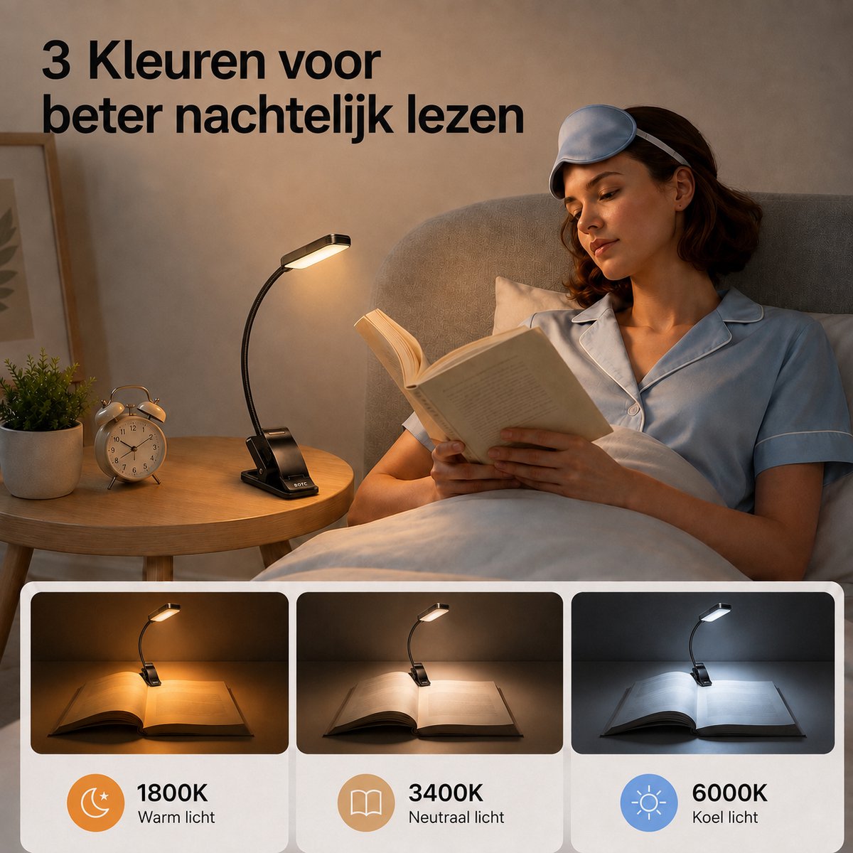 BOTC LED Leeslampje voor boek - 3 Lichtstanden & Oplaadbaar - Boeklampje - Klemlamp - Verstelbaar - USB Oplaadbaar - Zwart — cadeau in Gadgets - foto 5