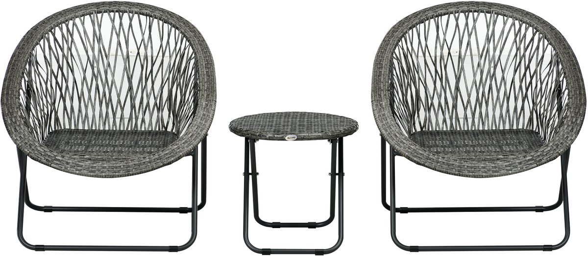 Vogelnest stoel met koffietafel en twee stoelen - terras en tuin met staal grijs
