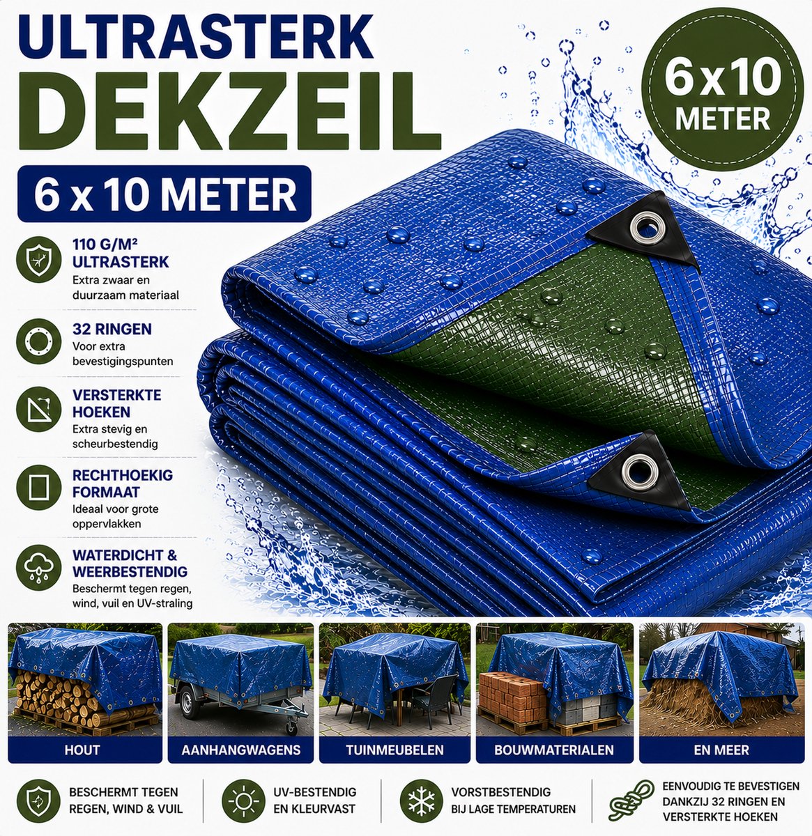 MaxxGarden Dekzeil 6 x 10 m, 110 g/m² ultrasterk, Blauw/groen, versterkte hoeken, Waterdicht Bouwzeil & Zeildoek - Zeil 32 Met Ringen - Beschermhoes & Afdekhoes voor Zwembad,Tuin Set,Motor,Scooter,Fietsen,Aanhangwagen - Auto Hoes Bescherming