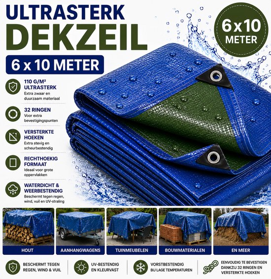 Blauw/groen ultrasterk dekzeil van 6x10 meter, 110 g/m², met 32 ringen, versterkte hoeken.