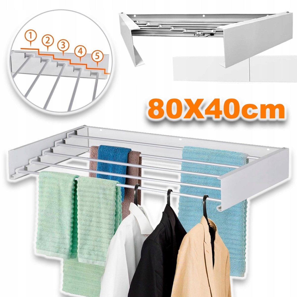 Opvouwbaar Wanddroogrek - 5 Stevige Aluminium Stangen Draagvermogen 15-20 kg Compact 80x40 cm - Voor Binnen/Buiten Wassen - Wit