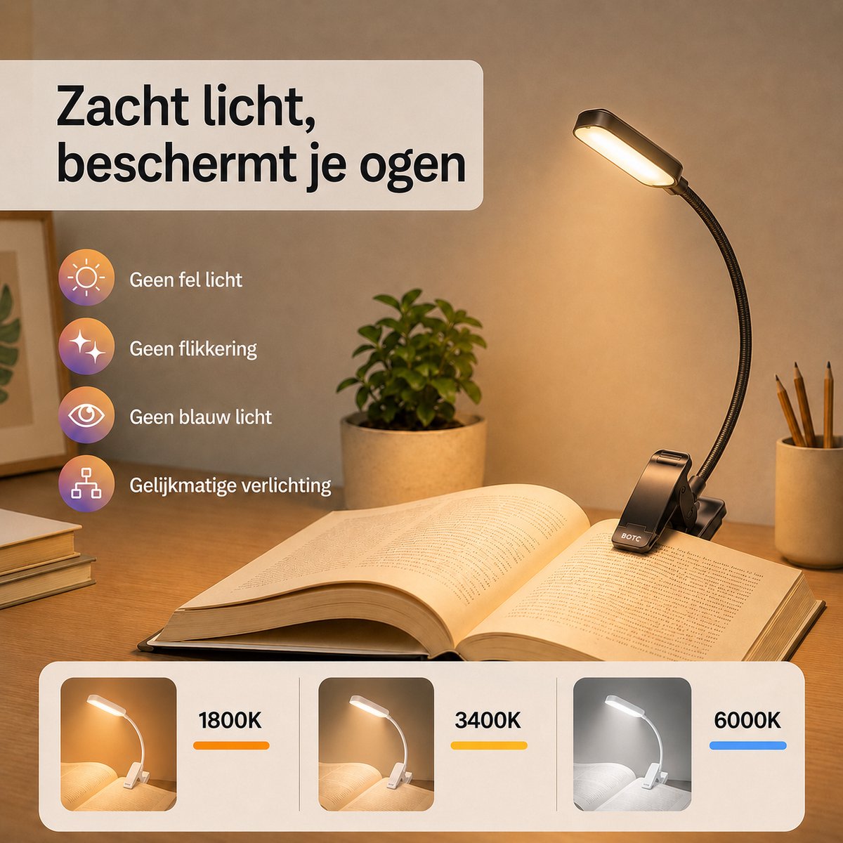 BOTC LED Leeslampje voor boek - 3 Lichtstanden & Oplaadbaar - Boeklampje - Klemlamp - Verstelbaar - USB Oplaadbaar - Zwart — cadeau in Gadgets - foto 3