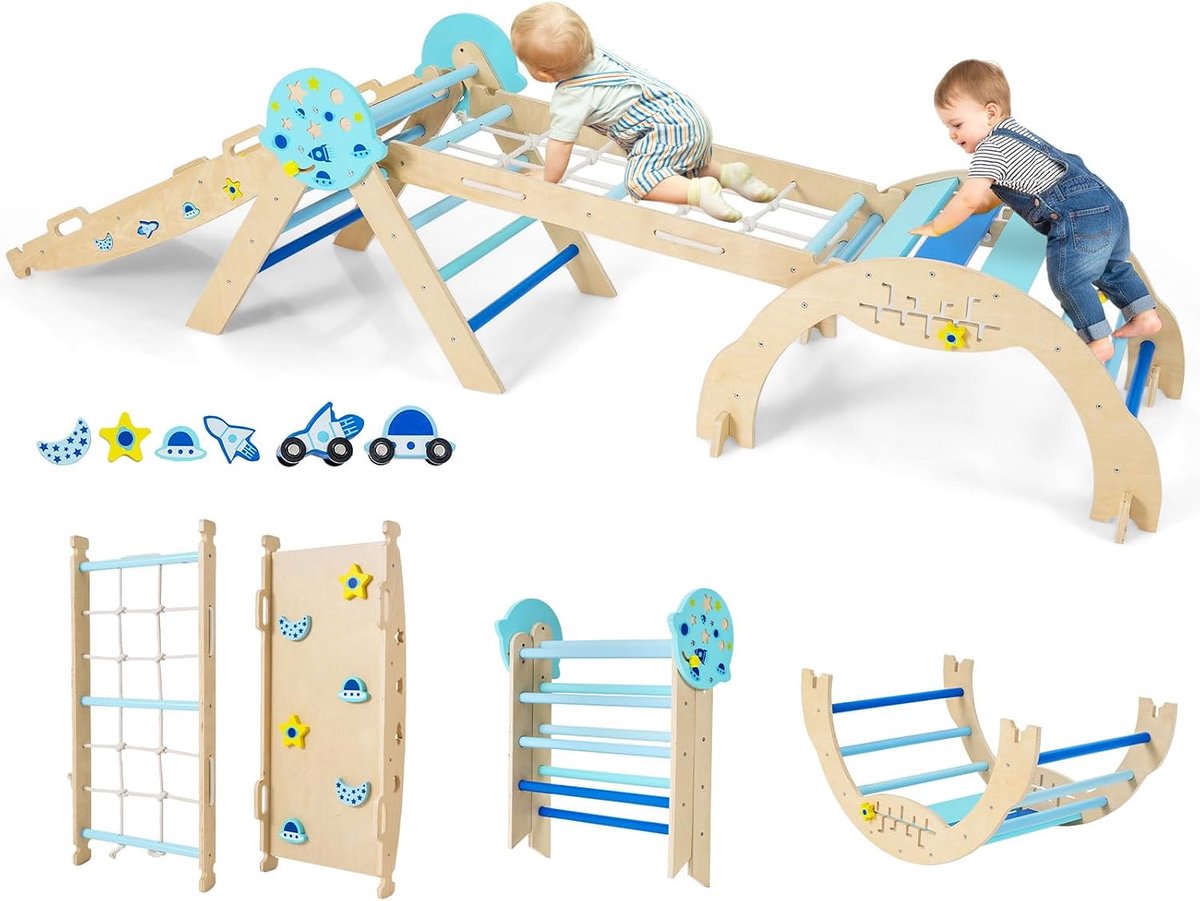 COSTWAY Klimrek Indoor 4-delige set, opvouwbaar klimrek met glijbaan, klimboog, net, incl. dubbelzijdige helling, bouwstenenset & 2 auto's, Universum klimrek van hout voor kinderen vanaf 1 jaar