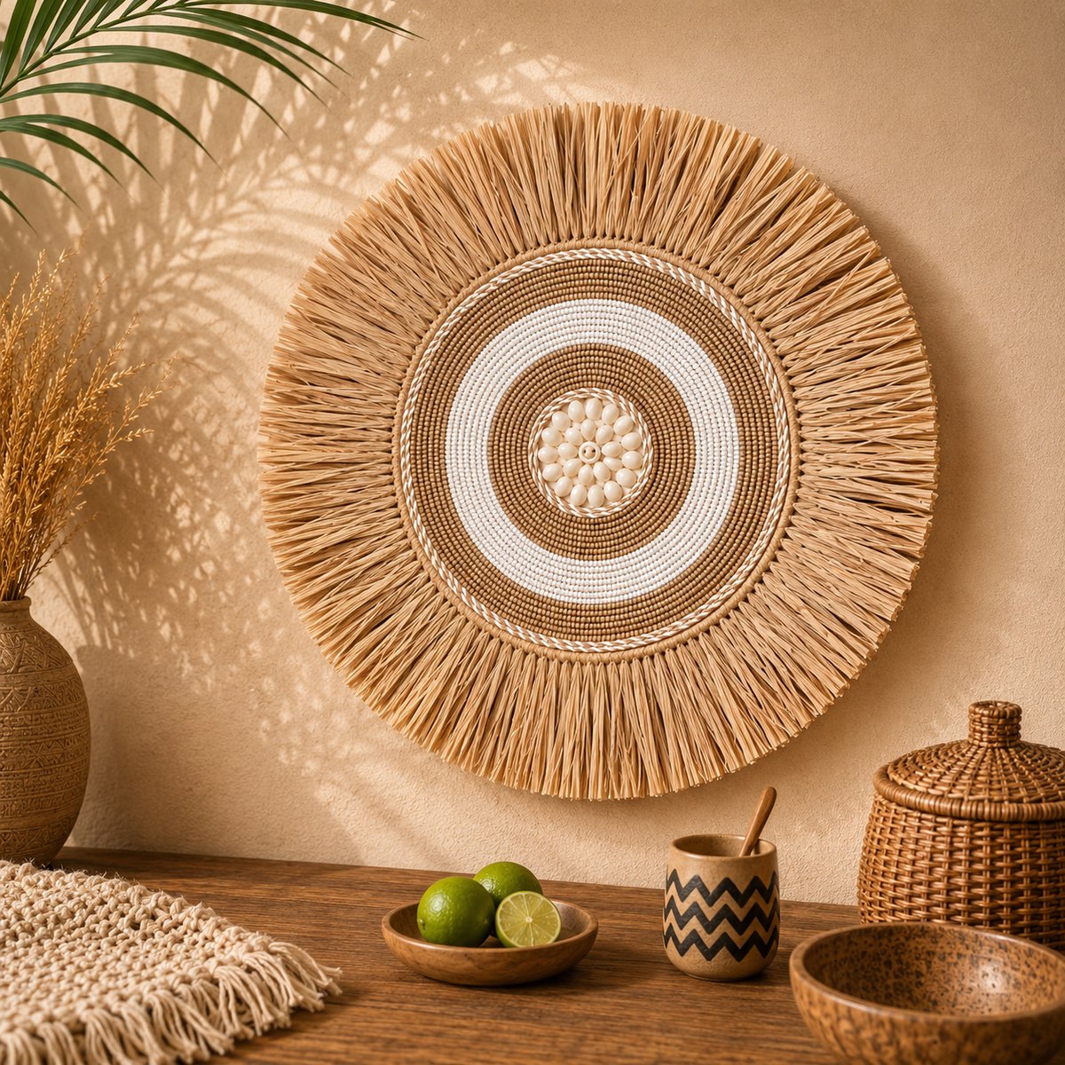 Voor deze zou ik op bol.com nemen: **Wanddecoratie – Wandbord Naturel & Wit – Kralen & Schelpen – Boho – Handgemaakt – Ø45 cm**